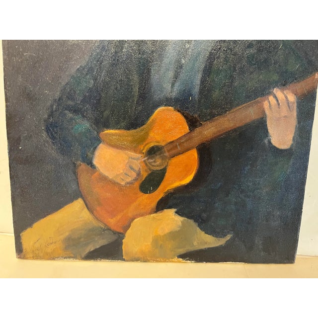 1960s Barbara Lebhar Oil on Canvas Painting of a Young Woman Playing a Guitar Titled Sad Song For Sale - Image 5 of 6