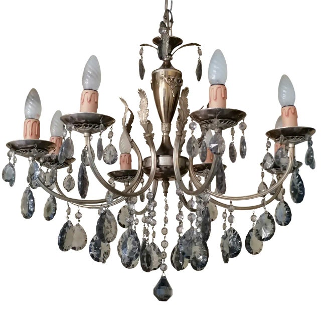 1950s Eight-Light Chandelier with Smoked Crystal Drop Pendants, 1950s For Sale - Image 5 of 6