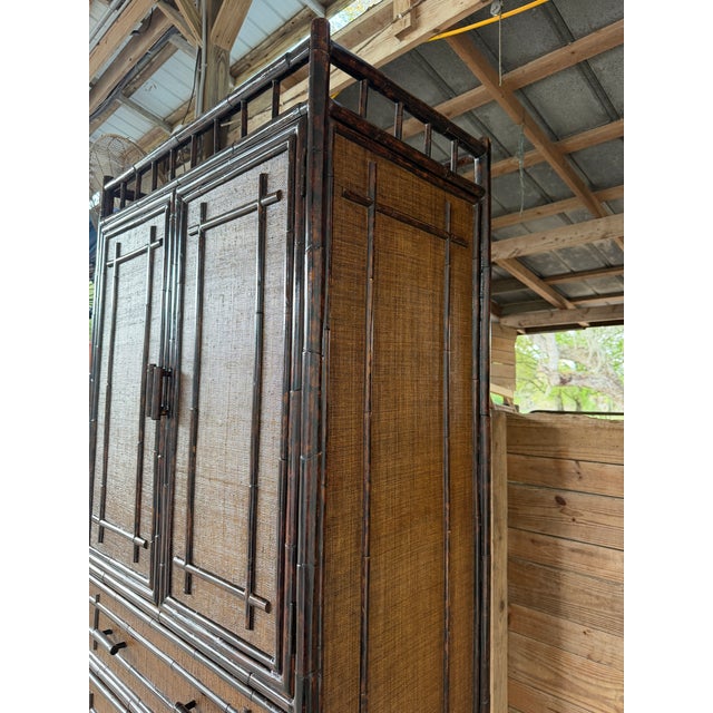 Vintage British Colonial Faux Bamboo and Grasscloth Armoire Cabinet With Drawers For Sale - Image 10 of 12