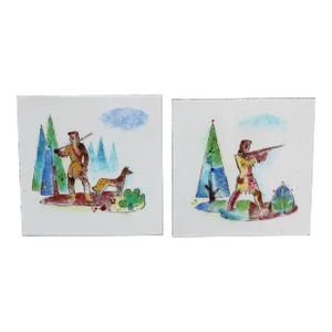 Set of Two "American Frontiersmen" Enamel on Copper Plaques
