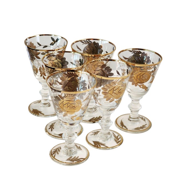 1960s Set of 6 24k Gold Encrusted Crystal Cordial Shot Stem Barware Set For Sale - Image 11 of 13