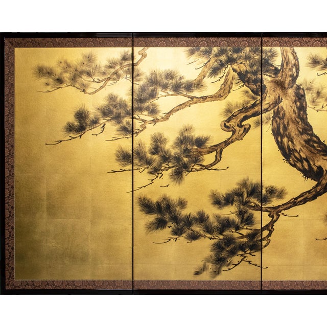 Fine Japanese painted 4-panel byobu (folding screen) "Pine Tree" by Yukika, on gold background. Signed and sealed by the...