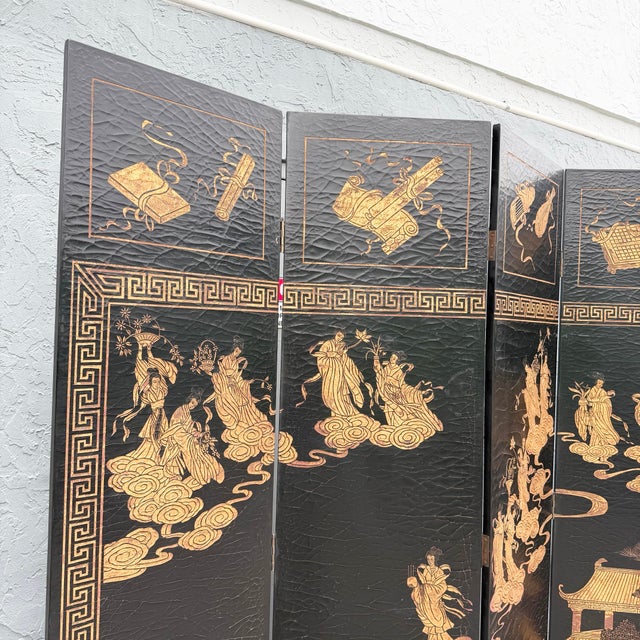 Mid 20th Century Vintage Chinese Hand Carved and Painted Crackled Room Divider/Screen For Sale - Image 5 of 12