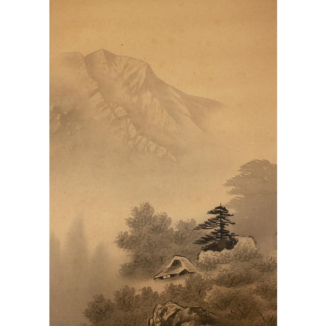 C. 1920 Taisho Era Japanese Silk Scroll Ink Landscape Painting For Sale - Image 12 of 18