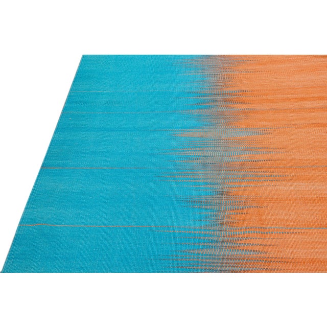 Modern Kilim Flatweave Abstract Designed Blue and Orange Wool Rug For Sale - Image 4 of 10