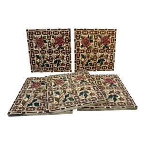 Antique English Glazed Ceramic Tiles With Red Roses, Polychrome Transfer Decoration, Set of 5