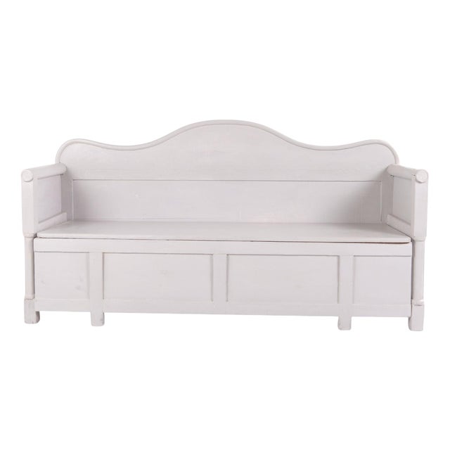 Antique Swedish Bench in Grey Painted Pine with Storage, 1900s For Sale