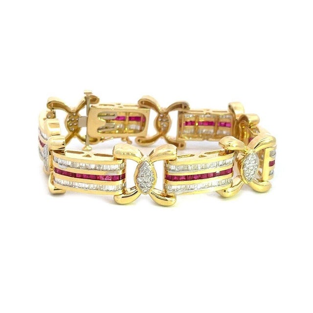 Ruby Diamond Gold Bracelet Bar X Links 14k Yellow Flex Links For Sale - Image 4 of 8