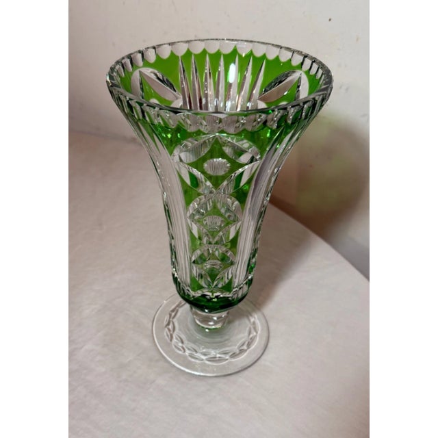 1970s Vintage Handmade Green Czech Cut to Clear Crystal Glass Tall Ornate Flower Vase For Sale - Image 5 of 10