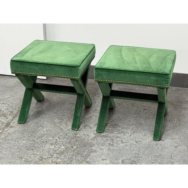 Hollywood Regency Hollywood Regency Style Green Velvet X-Base Ottoman Stools, Pair For Sale - Image 3 of 12