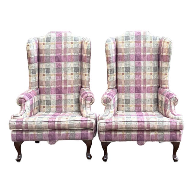 Lambert Furniture Queen Anne High Back Wingback Chairs - A Pair For Sale