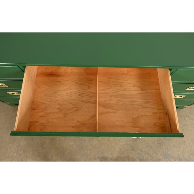 Green Drexel Heritage Mid-Century Hollywood Regency Campaign Green Lacquered Dresser | Newly Refinished For Sale - Image 8 of 13