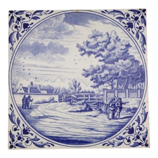 1900s, Antique Blue & White La Louvière Tile by Boch Freres For Sale