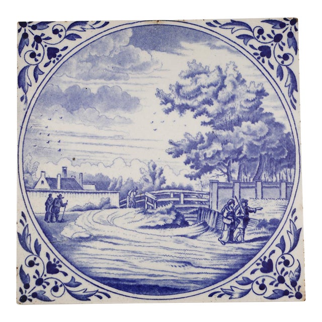1900s, Antique Blue & White La Louvière Tile by Boch Freres For Sale