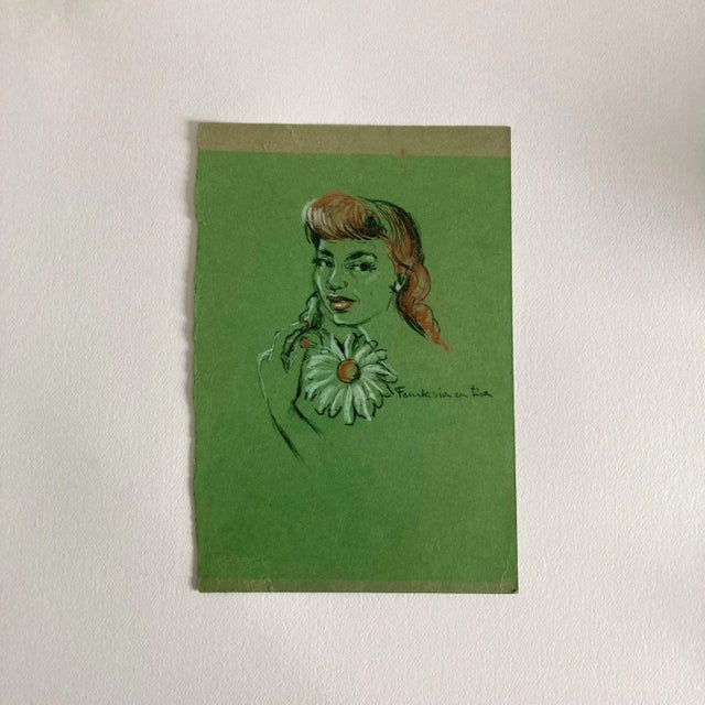 1950s Original Modern Portrait Pastel Drawing of a Woman on Green Paper For Sale - Image 11 of 11