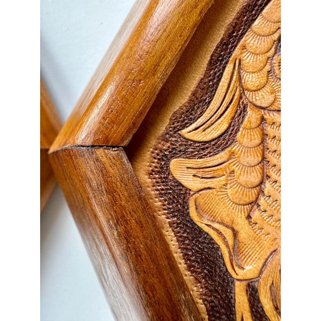 1960's Hexagon Wood & Tooled Leather Wall Clocks – Working Pair For Sale - Image 14 of 16