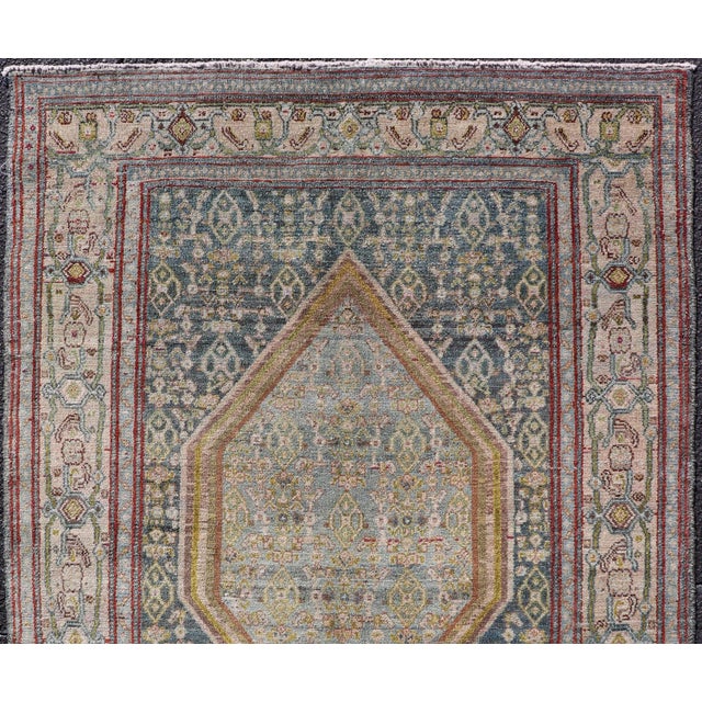 Early 20th Century Antique Persian Senneh Rug With Soft Blue Field and Geometric Medallion For Sale - Image 5 of 13