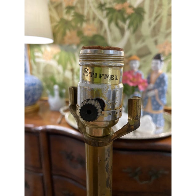 Metal Vintage Stiffel Creamy White Ceramic and Brass Plume Buffet or Table Lamps, a Pair For Sale - Image 7 of 12