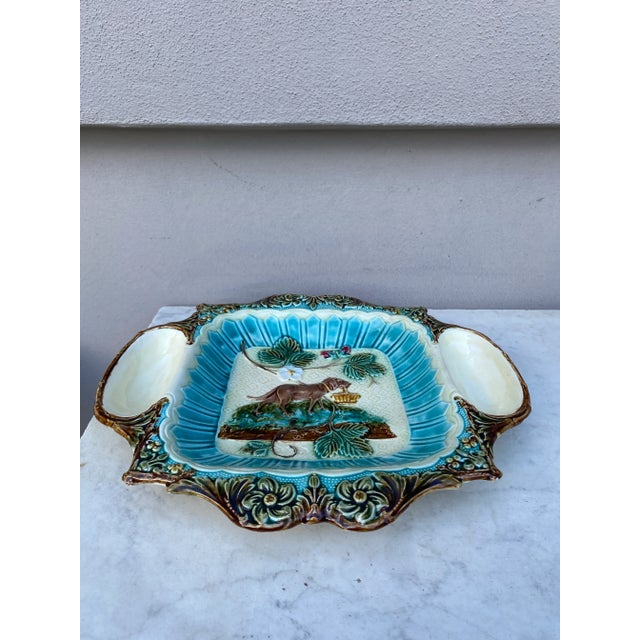 19th Century Majolica Strawberries Platter With Dog Holding a Basket For Sale - Image 4 of 5