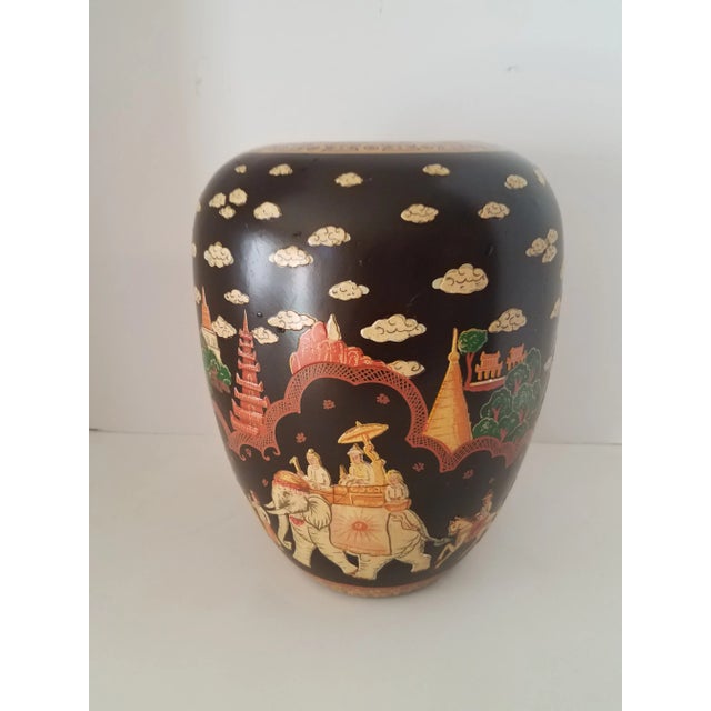 Black Vintage Chinoiserie Metal Hand Painted Black Lacquer Jardiniere For Sale - Image 8 of 8