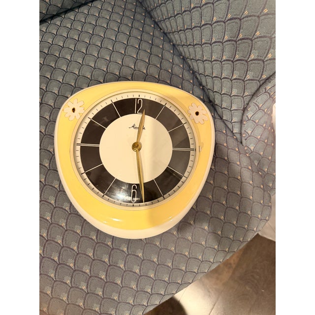 Ceramic Vintage Mauthe German Ceramic Wall Clock 1950s Yellow Daisy MCM Working 10x9 For Sale - Image 7 of 10