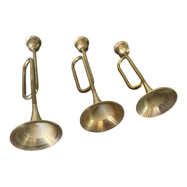 Mid-Century Modern MCM Vintage Brass Bugle Trumpet Shaped Stacked Candlestick Holders- Set of 3 For Sale - Image 3 of 8