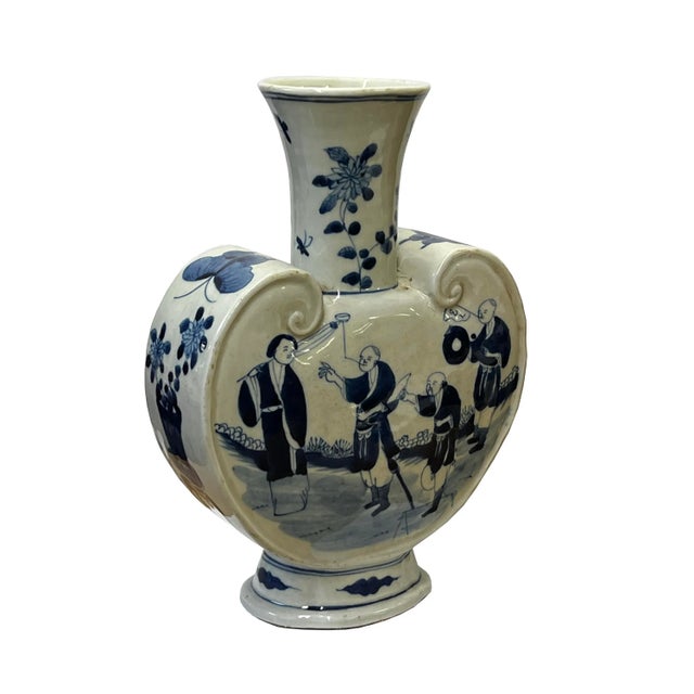 Chinese Blue White Porcelain Ru Yi Flat Body People Theme Vase For Sale - Image 4 of 6