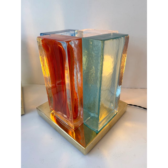 Contemporary Pair of Lamps Cubic Pennellate Murano Glass and Brass, Italy For Sale - Image 11 of 13