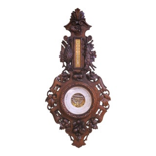 19th Century French Black Forest Carved Walnut Wall Barometer Thermometer For Sale