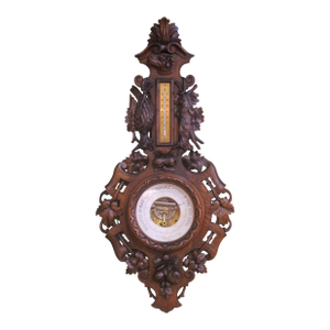 19th Century French Black Forest Carved Walnut Wall Barometer Thermometer