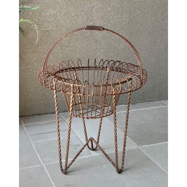 Auburn Circa 1980 Nicely-Sized Victorian-Style Steel Wirework Planter Basket & Forged Steel Stand – 2 Pieces For Sale - Image 8 of 18
