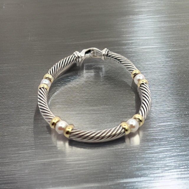 1990s David Yurman Authentic Estate Pearl Necklace 17" + Bracelet Set 7.5" Silver + 14k Gold, 2 Pieces For Sale - Image 16 of 16