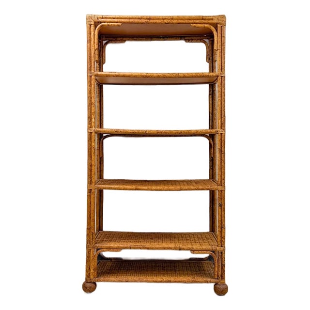 Vintage Coastal Hollywood Regency Tortoise Bamboo Shelf, Wicker Shelving For Sale