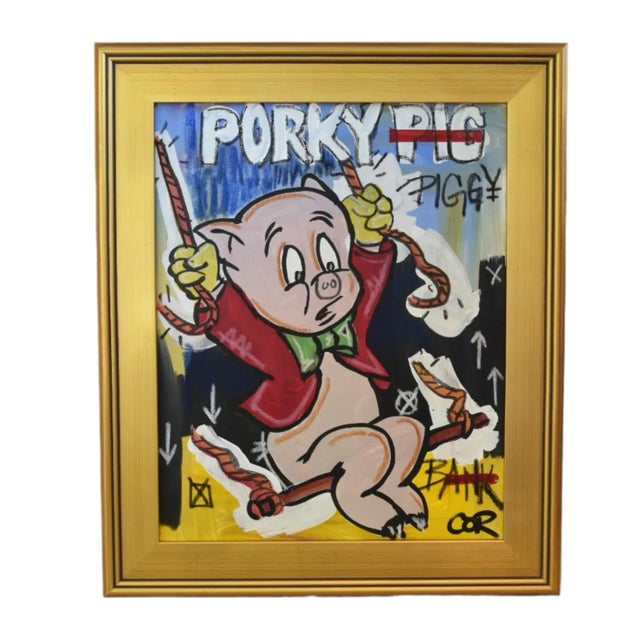 Early 21st Century Porky Pig Piggy Fun Cartoon Illustration Oil Painting Including the Antiqued Gold Wood Frame For Sale - Image 5 of 7
