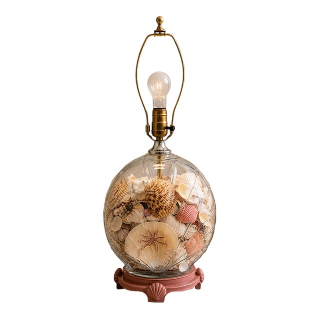 Vintage Seashell-Filled Glass Table Lamp With Pink Shell Base For Sale
