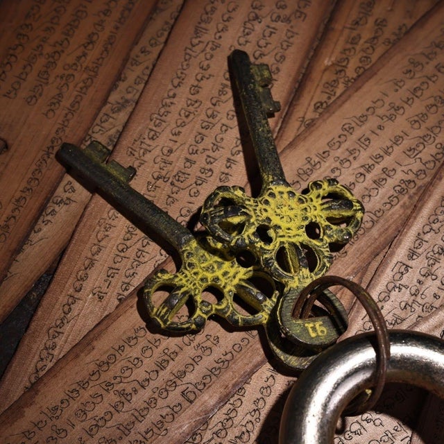 Mid 19th Century Vintage Bronze Buddha Head Padlock With Key and Auspicious Symbols For Sale - Image 5 of 9