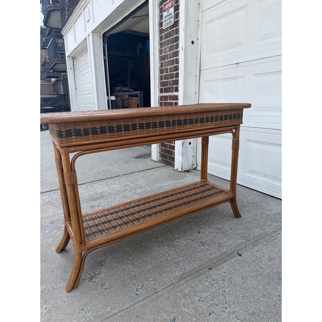 Brown Vintage Boho Rattan & Wicker Console Table With Drawer and Woven Shelf For Sale - Image 8 of 12