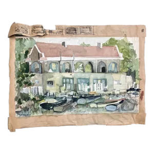 1970s Vintage Expressionist Marina Watercolor Painting
