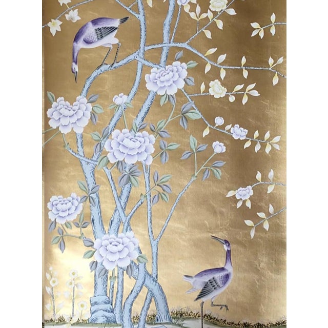 Chinoiserie Gold Leaf Chinoiserie Hand-Painted Purple Bird & Floral Wall Panels (Set of 5) For Sale - Image 3 of 4