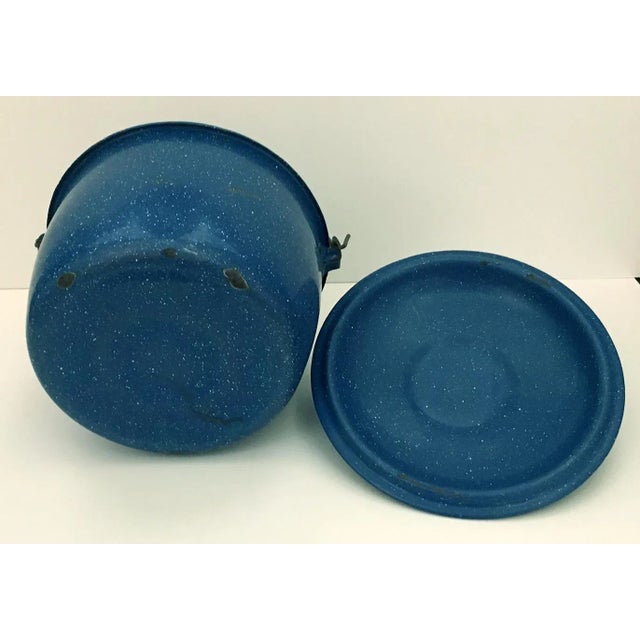 Rustic 1950s Vintage Blue Enamelware Pot For Sale - Image 3 of 4