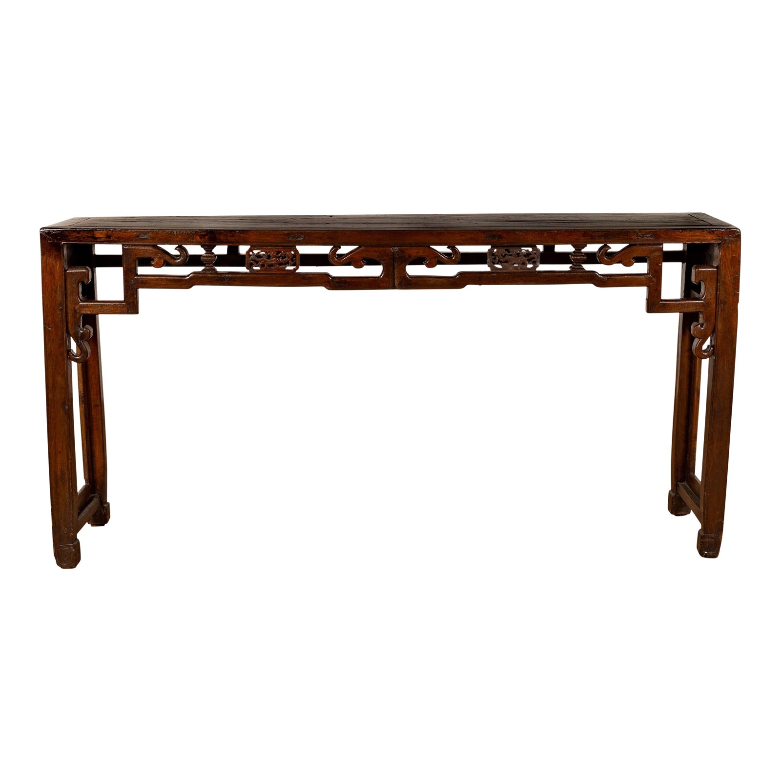 Chinese Narrow Altar Console Table With Open Fretwork Frieze And