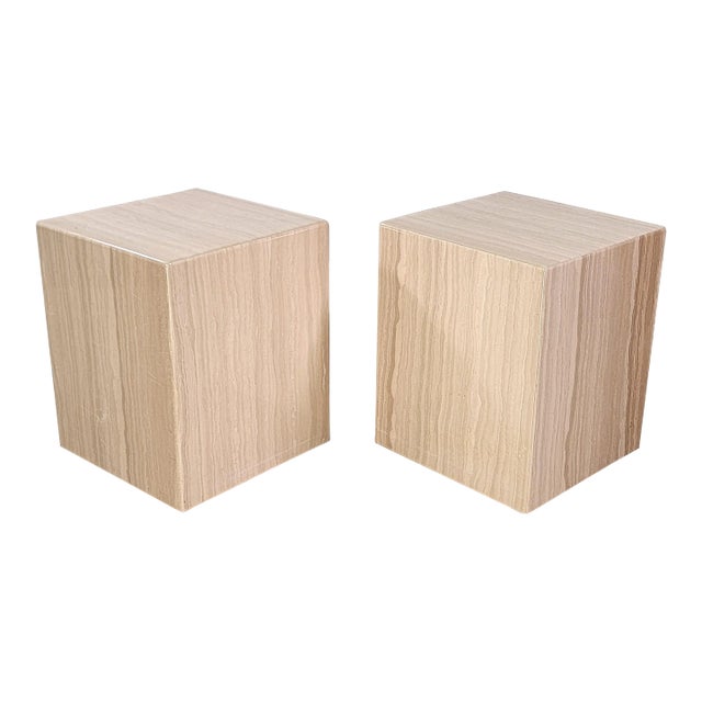 Post-Modern Travertine Cube Side Tables For Sale