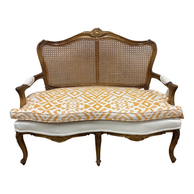1920s French Cane Back Upholstered Settee For Sale