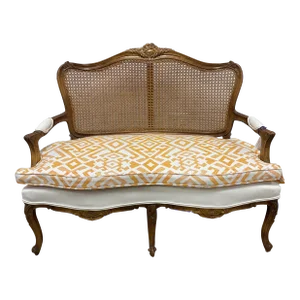 1920s French Cane Back Upholstered Settee