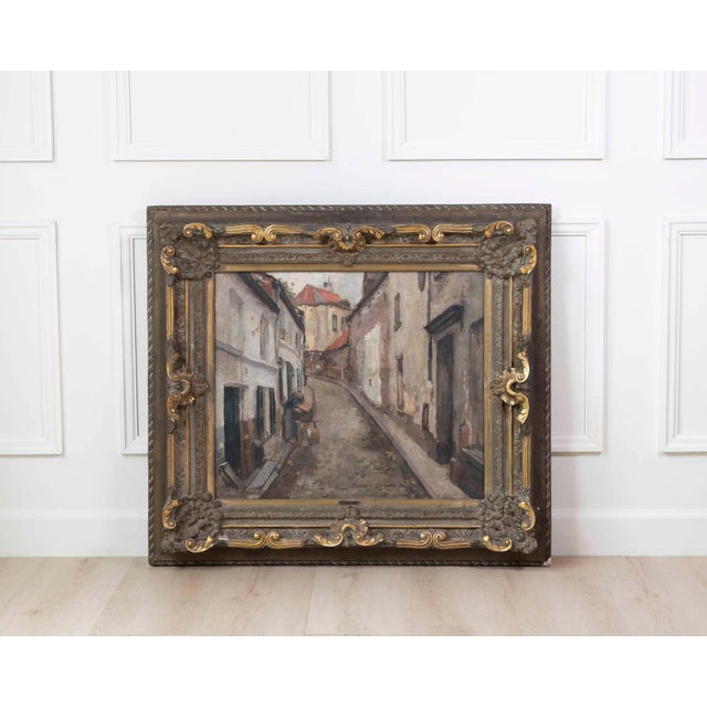 An atmospheric oil painting capturing a narrow cobblestone street winding through a medieval European town. Stone and...