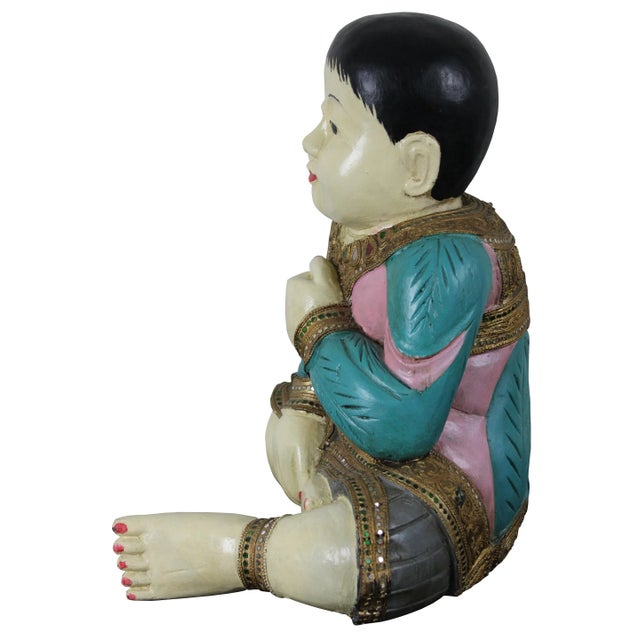 Asian Mid 20th Century Wood Carved Seated Asian Baby Jeweled Lacquered Sculpture, Thailand For Sale - Image 3 of 11
