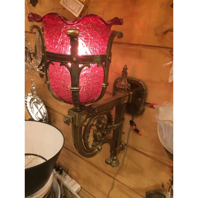Cranberry Glass and Brass Wall Sconce For Sale - Image 9 of 10