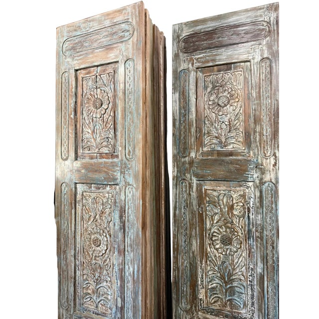 Mid-Century Modern Antique Carved Wooden Door Panel | Distressed Blue Floral Rustic Barn Door 96x27 For Sale - Image 3 of 6
