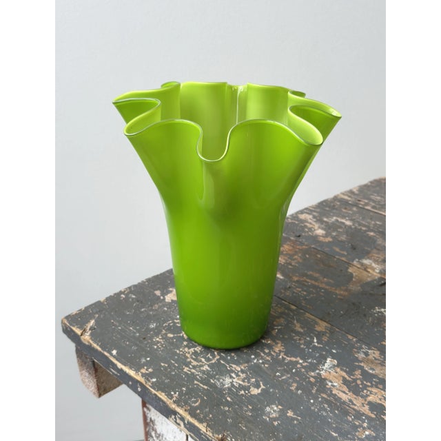 Glass Vintage Lime Green Handblown Glass Undulating Vessel, Circa 1960s For Sale - Image 7 of 17