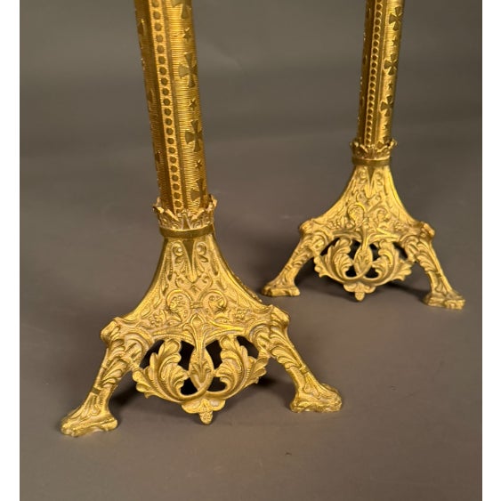 Metal 19th Century French Pair of Gothic Style Dore Bronze Candelabras, Circa 1850 For Sale - Image 7 of 13